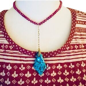 Nakamol Turquoise Diamond Pendant Necklace with Fuchsia Beads & Gold Chain Drop